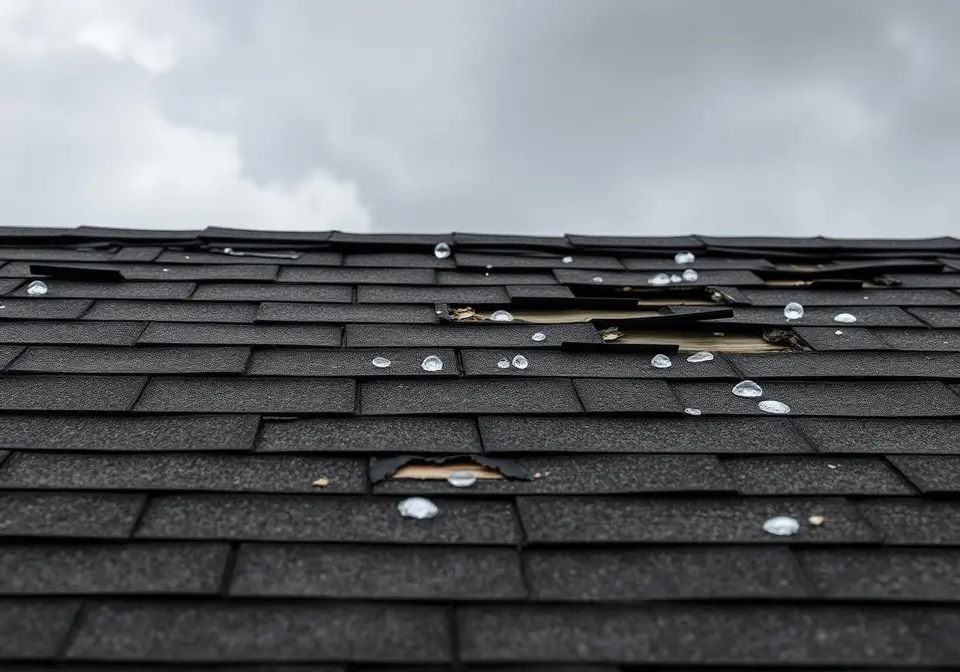 Storm-damaged roof with missing shingles on a Cullman, AL home